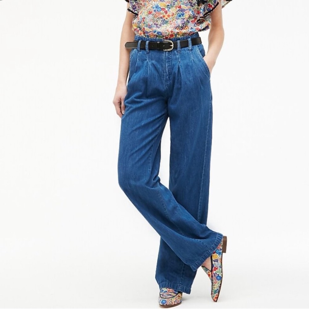 J Crew Pleated Wide-Leg High Rise Chambray Pant